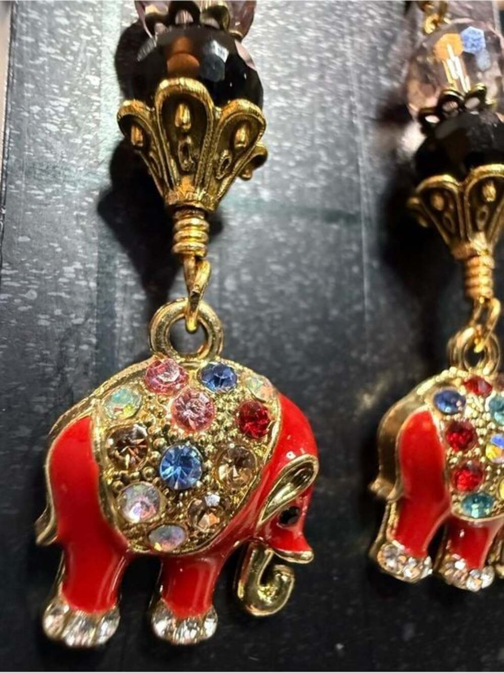 Artisan Red Elephant Hand Wrapped Crystals 14K Gold Ear Wire Earrings - Picture 3 of 6